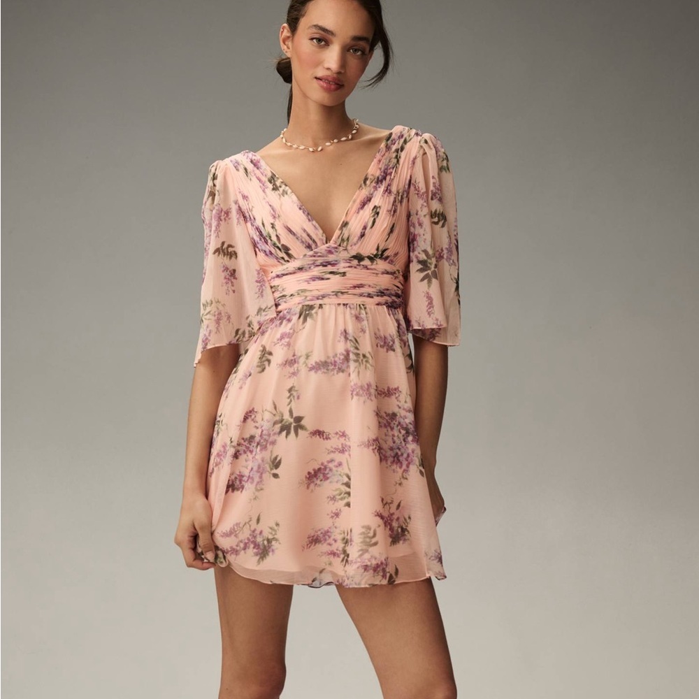 Ieena for Mac Duggal Pink Floral Flutter Sleeve Deep V Mini Dress